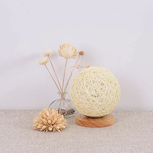 Boho Rattan Ball Round Wood Bedside Lamp Minimal - Picture 2 of 6
